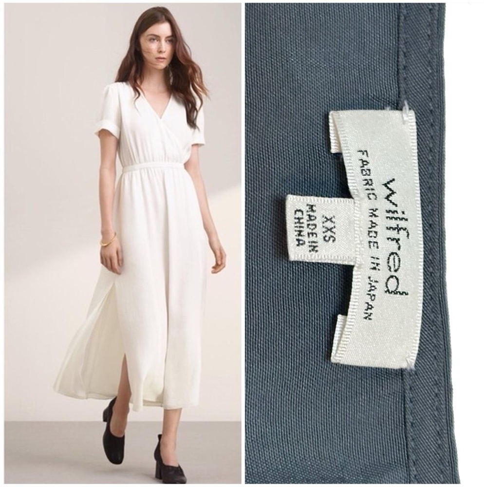 Aritzia Wilfred Trion Dress Steel Grey Maxi Faux Wrap Relaxed Fit Short Sleeve